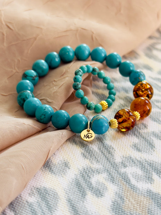 Unique Turquoise - Amber Bracelet + Turquoise Ring Set
