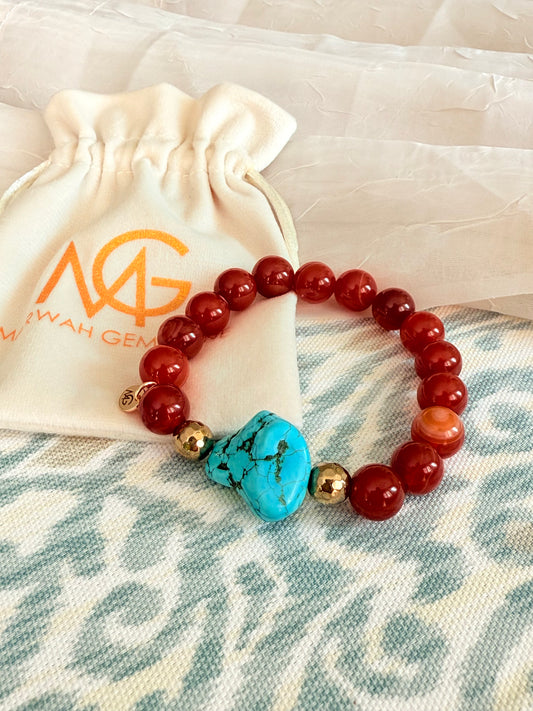 10mm Bead Size Red Agate - Raw Turquoise Bracelet
