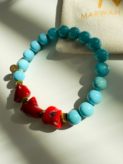 Turquoise - Coral Bracelet + Turquoise Ring Set