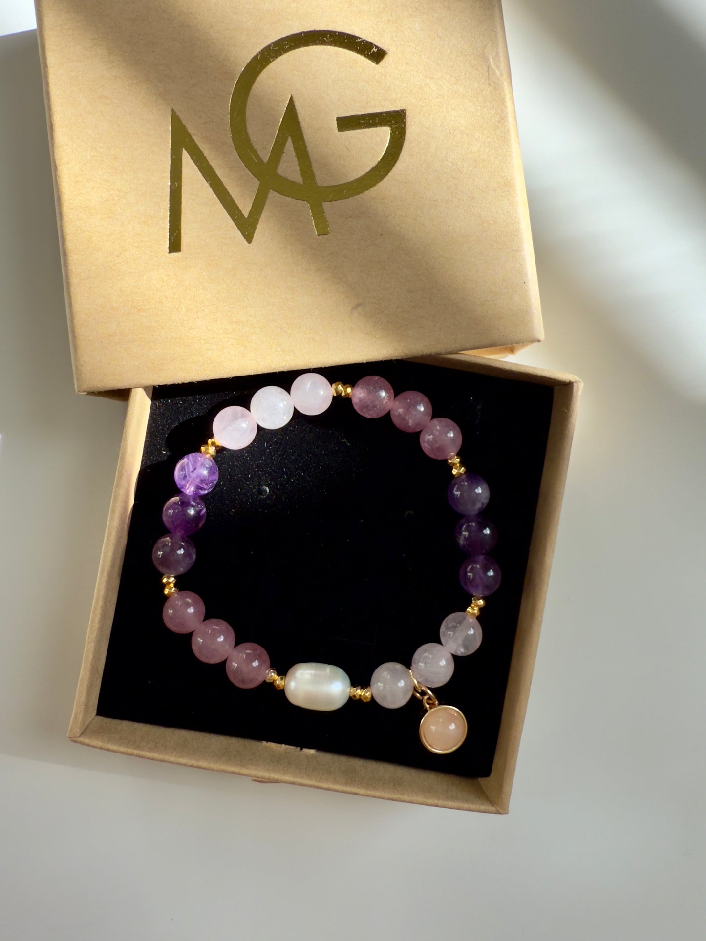 Rose Quartz - Amethyst - Strawberry Quartz - Natural Pearl Bracelet W/ Hematite Spacers