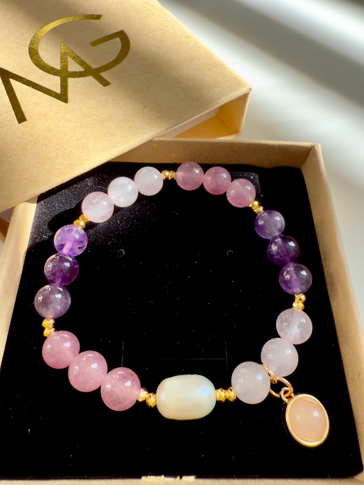 Rose Quartz - Amethyst - Strawberry Quartz - Natural Pearl Bracelet W/ Hematite Spacers