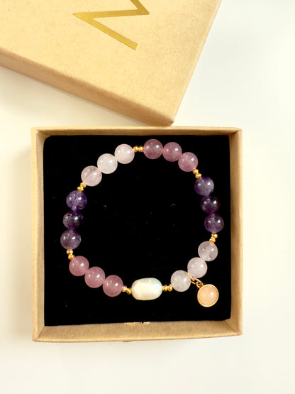 Rose Quartz - Amethyst - Strawberry Quartz - Natural Pearl Bracelet W/ Hematite Spacers
