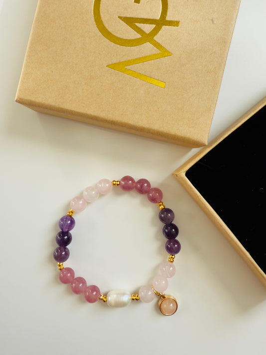 Rose Quartz - Amethyst - Strawberry Quartz - Natural Pearl Bracelet W/ Hematite Spacers