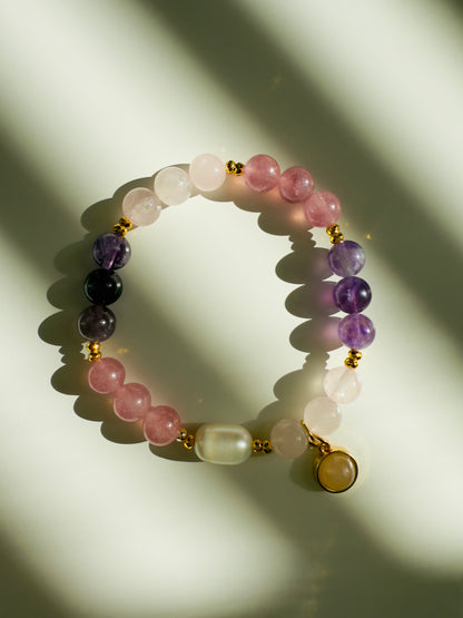 Rose Quartz - Amethyst - Strawberry Quartz - Natural Pearl Bracelet W/ Hematite Spacers