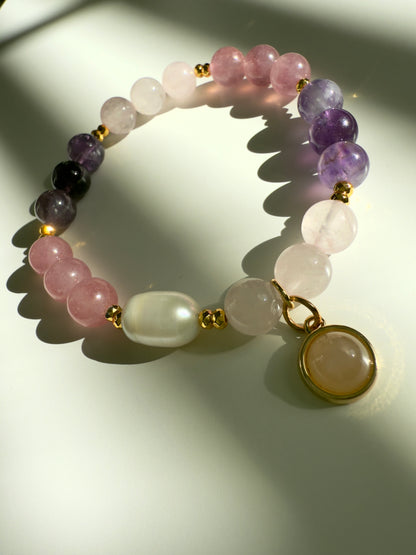 Rose Quartz - Amethyst - Strawberry Quartz - Natural Pearl Bracelet W/ Hematite Spacers