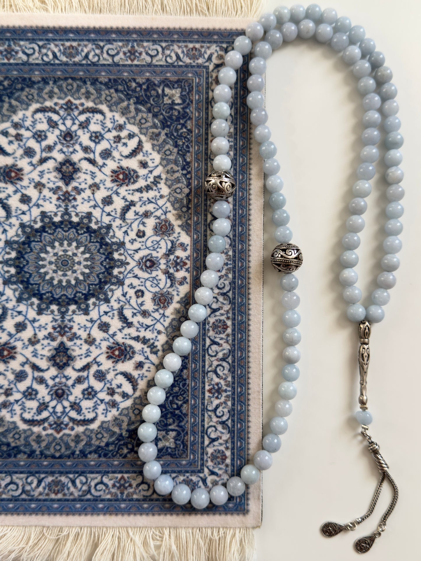 Aquamarine 99-Bead Misbaha With Silver