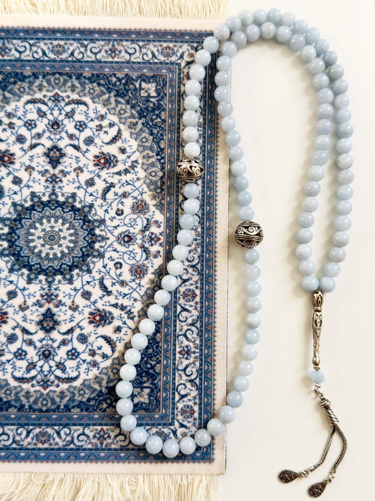 Aquamarine 99-Bead Misbaha With Silver