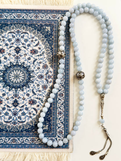 Aquamarine 99-Bead Misbaha With Silver