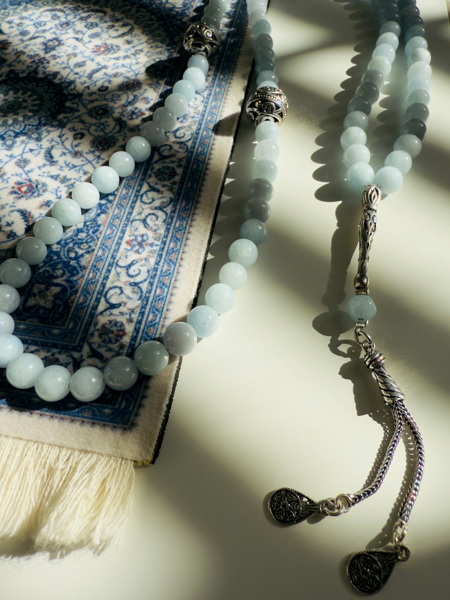Aquamarine 99-Bead Misbaha With Silver