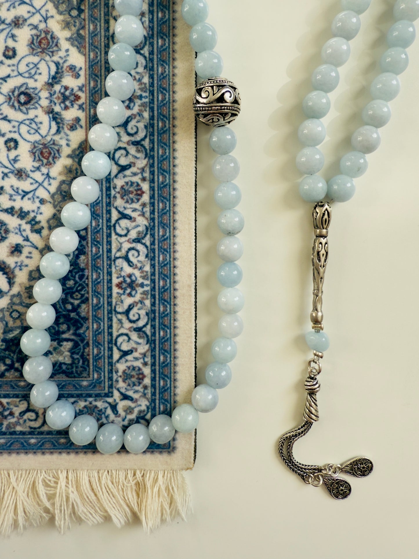 Aquamarine 99-Bead Misbaha With Silver
