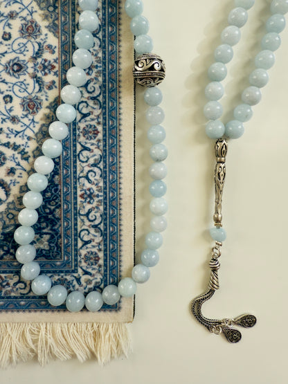 Aquamarine 99-Bead Misbaha With Silver