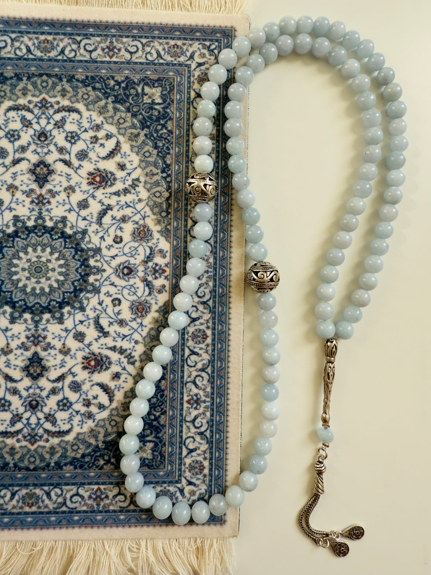 Aquamarine 99-Bead Misbaha With Silver