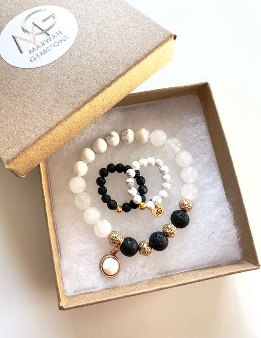 Lava-White Quartz-Howlite Bracelet + 2 Rings