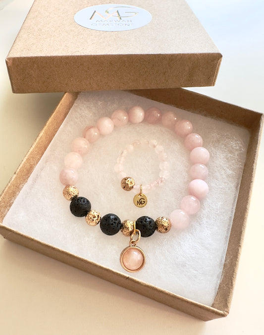 Lava Stone-Rose Quartz Bracelet + Rose Quartz Ring