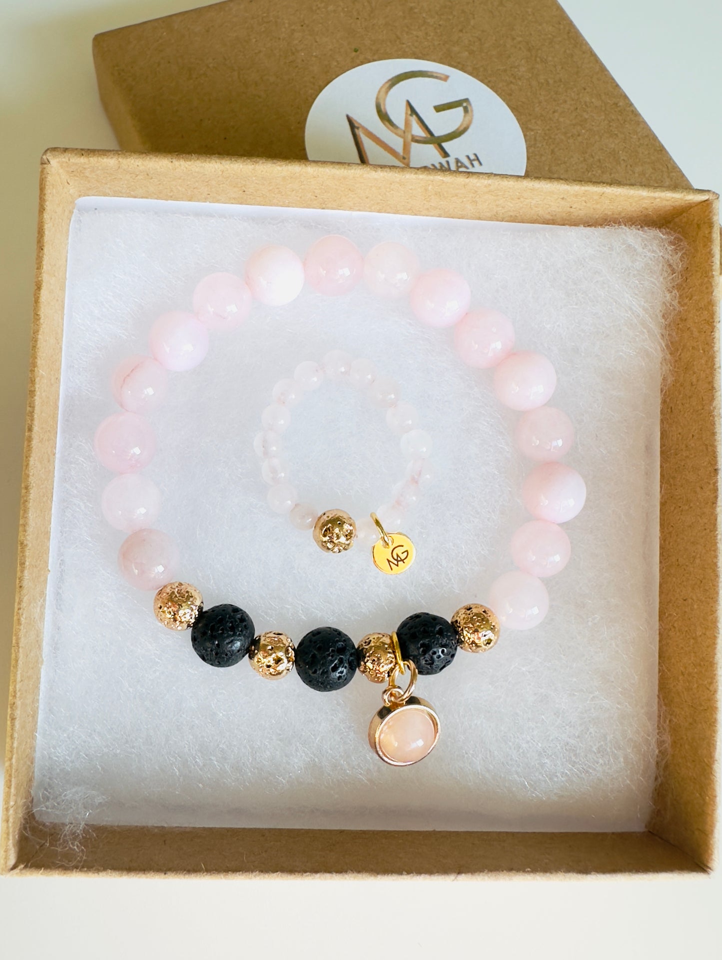 Lava Stone-Rose Quartz Bracelet + Rose Quartz Ring