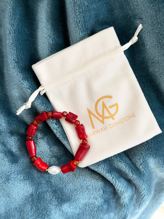 Natural Coral - Natural Pearl - Red Agate Bracelet With Hematite Spacers