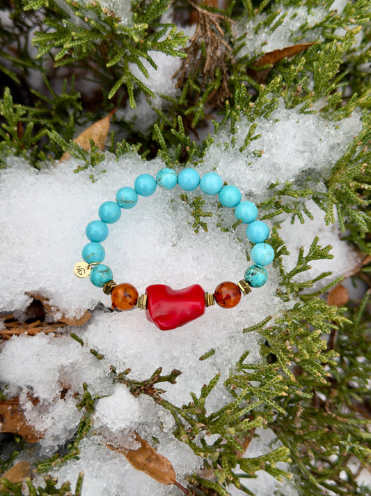 Turquoise - Amber - Natural Coral Bracelet With Hematite Spacers