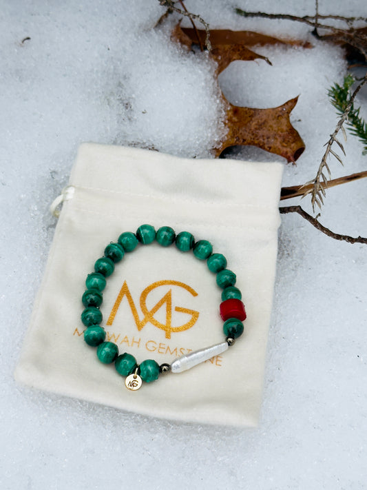 Malachite - Natural Pearl - Natural Coral Bracelet With Hematite Spacers