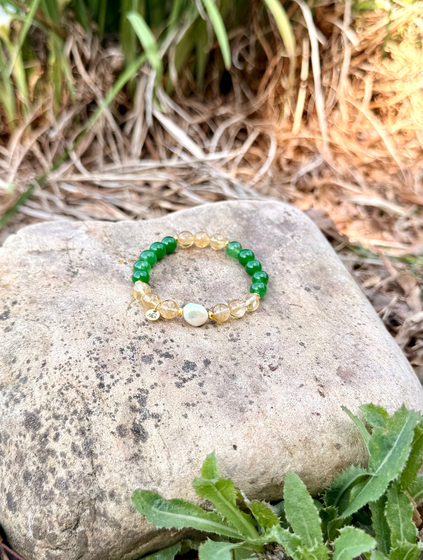 Green Jade - Citrine - Natural Pearl Bracelet