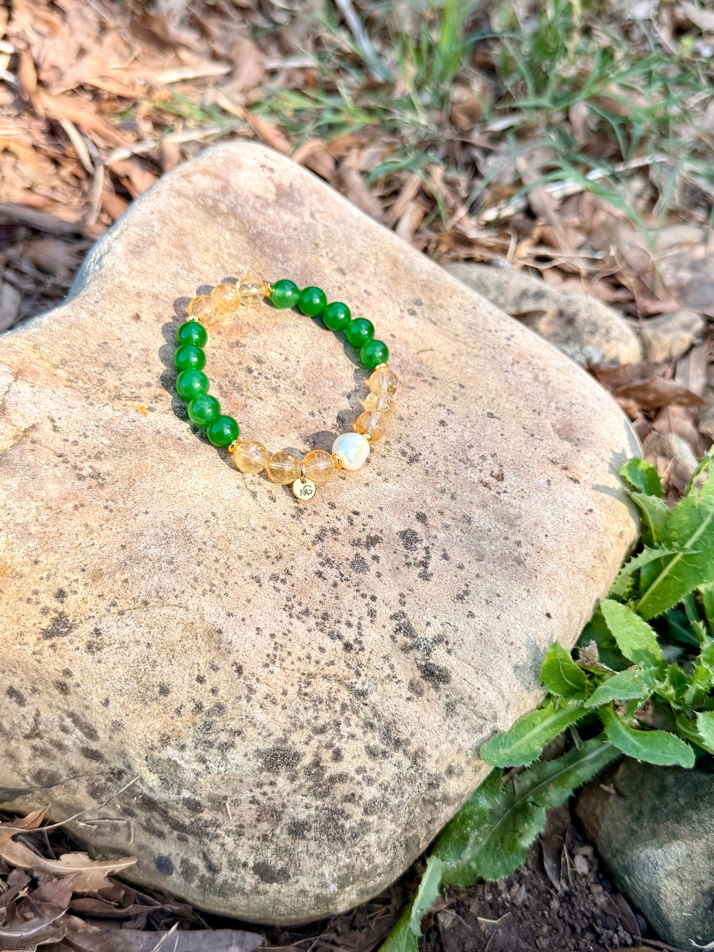 Green Jade - Citrine - Natural Pearl Bracelet