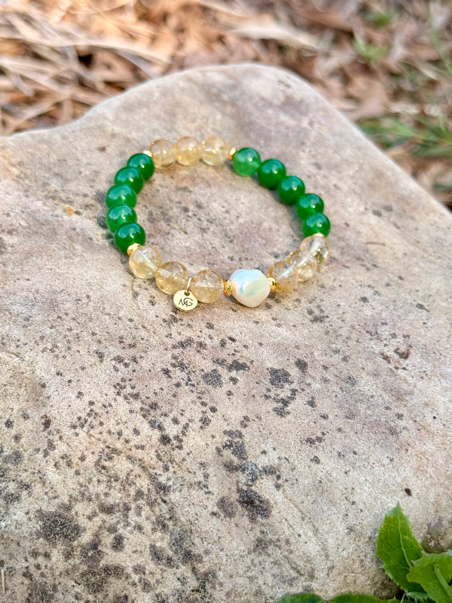Green Jade - Citrine - Natural Pearl Bracelet