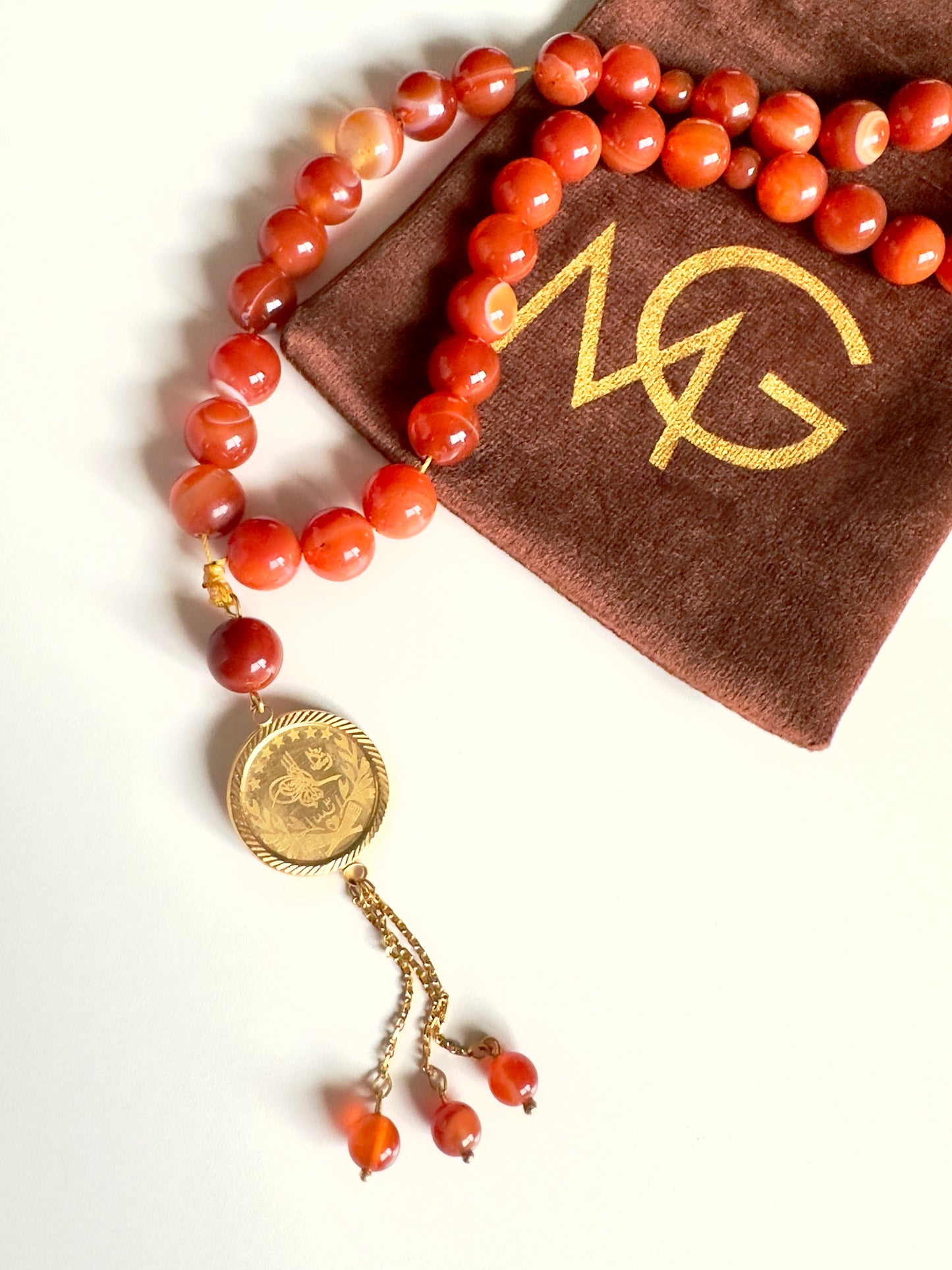 10mm Red Agate Misbaha with 21-K gold