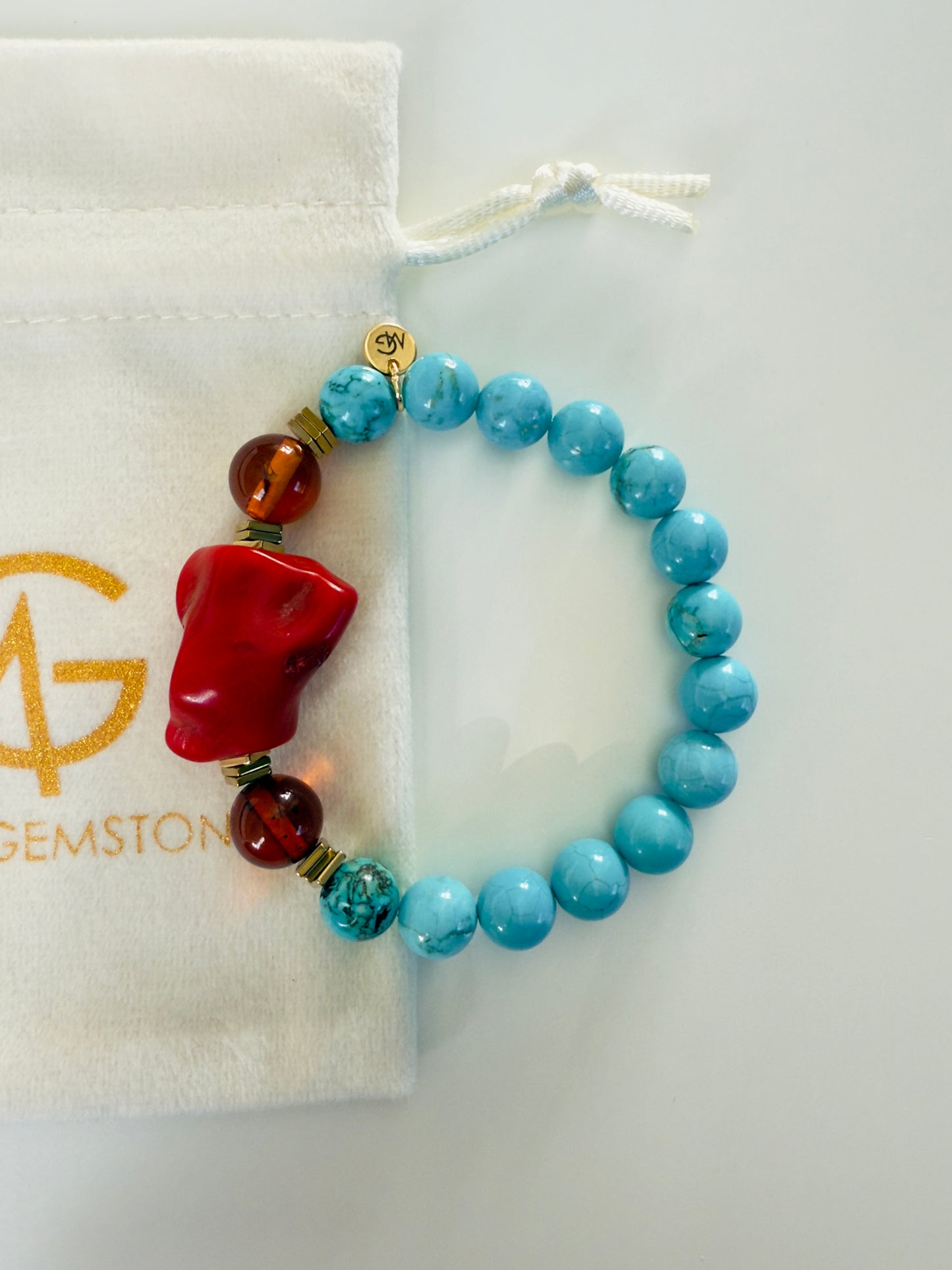 Turquoise - Amber - Natural Coral Bracelet With Hematite Spacers