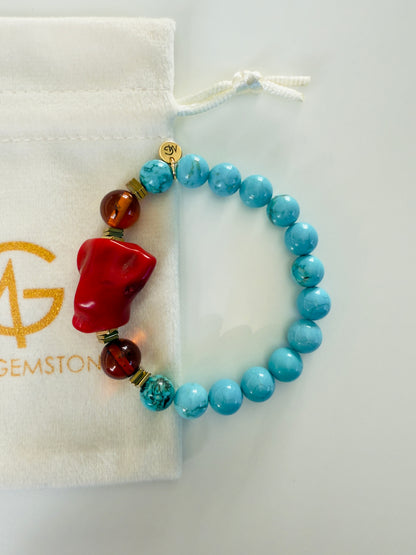 Turquoise - Amber - Natural Coral Bracelet With Hematite Spacers