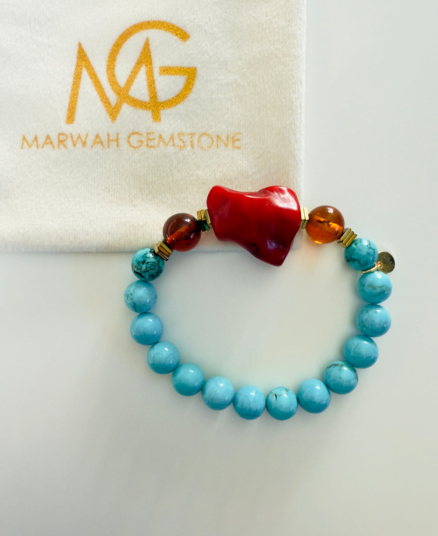 Turquoise - Amber - Natural Coral Bracelet With Hematite Spacers