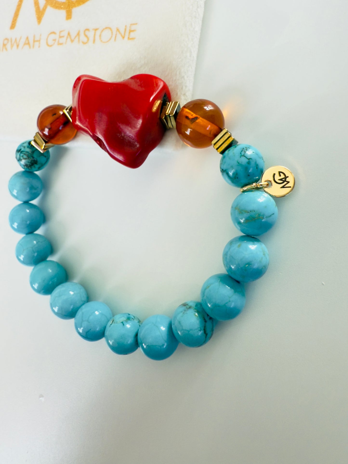 Turquoise - Amber - Natural Coral Bracelet With Hematite Spacers