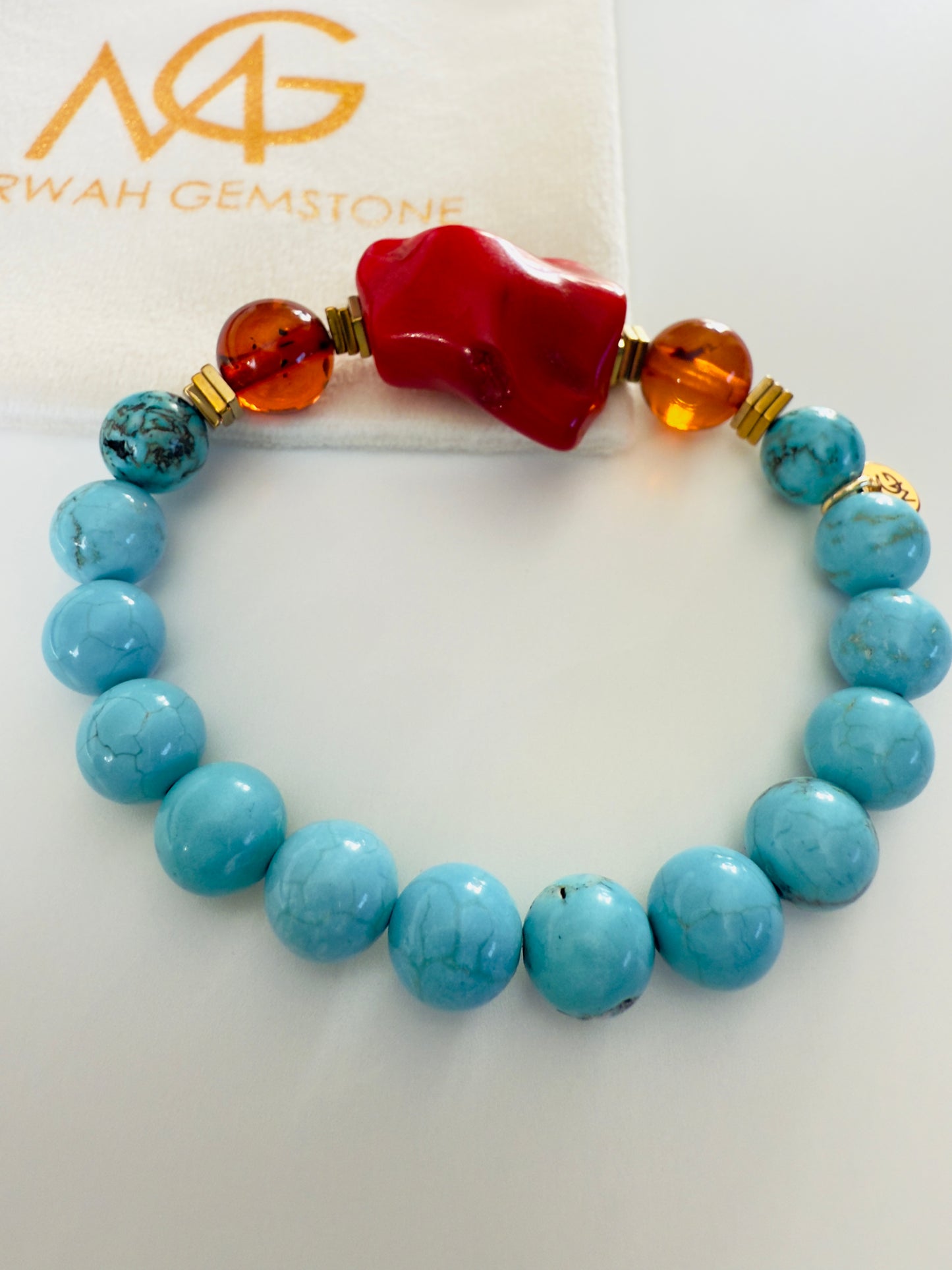 Turquoise - Amber - Natural Coral Bracelet With Hematite Spacers