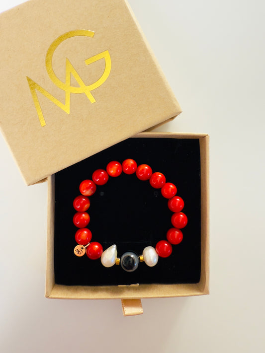 Natural Coral - Natural Pearl - Black Agate Bracelet With Hematite Spacers