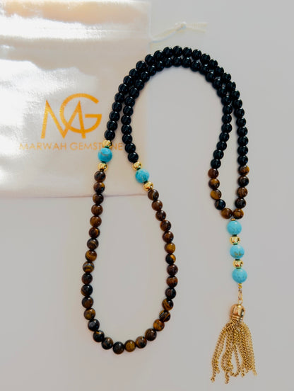 Black Agate - Turquoise - Tiger Eye Misbaha 99-Beads With Golden Metal Spacers