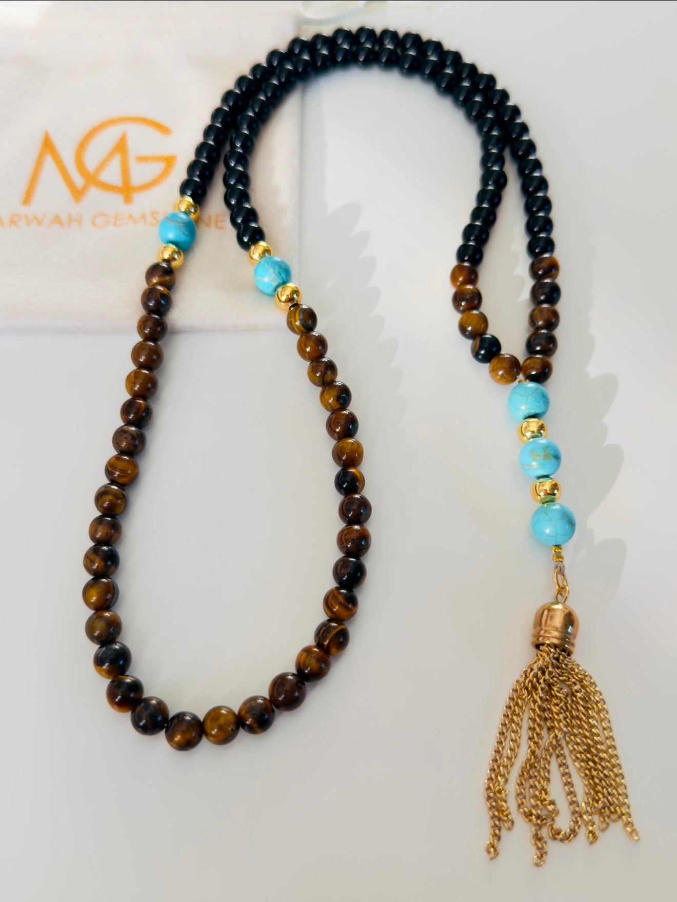 Black Agate - Turquoise - Tiger Eye Misbaha 99-Beads With Golden Metal Spacers