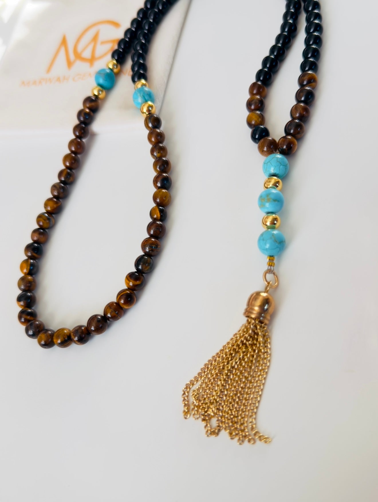 Black Agate - Turquoise - Tiger Eye Misbaha 99-Beads With Golden Metal Spacers