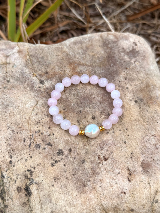 Rose Quartz - Small Round Freshwater Pearl Bracelet with Hematite Spacers