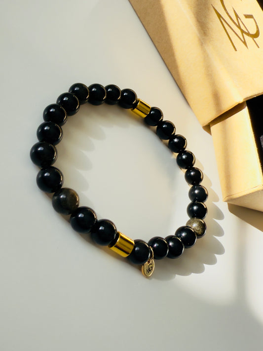 Unisex Black Obsidian Bracelet With Hematite Bracelet