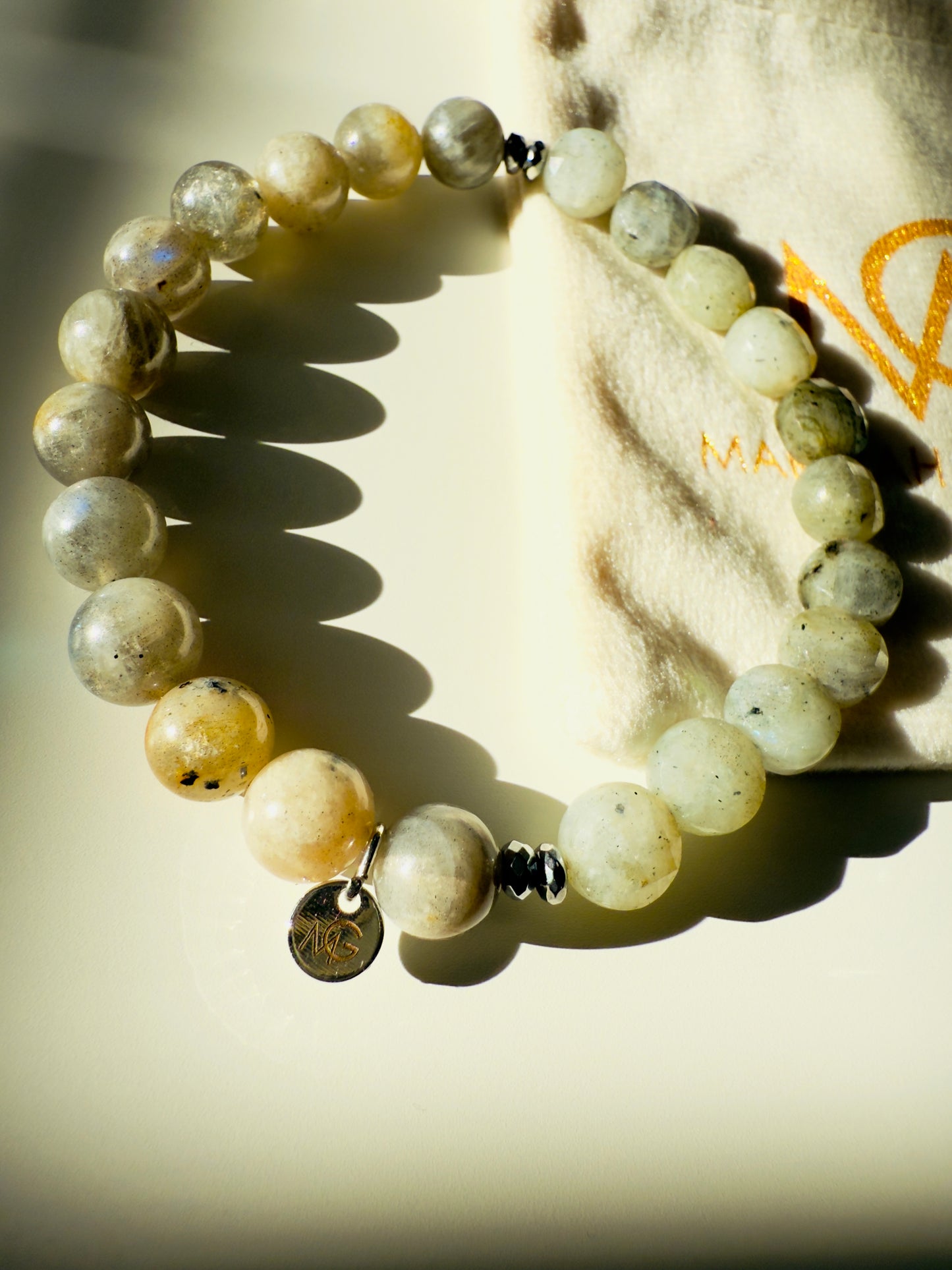 Unisex Round and Faceted Labradorite Bracelet With Hematite Spacer