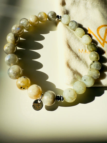 Unisex Round and Faceted Labradorite Bracelet With Hematite Spacer