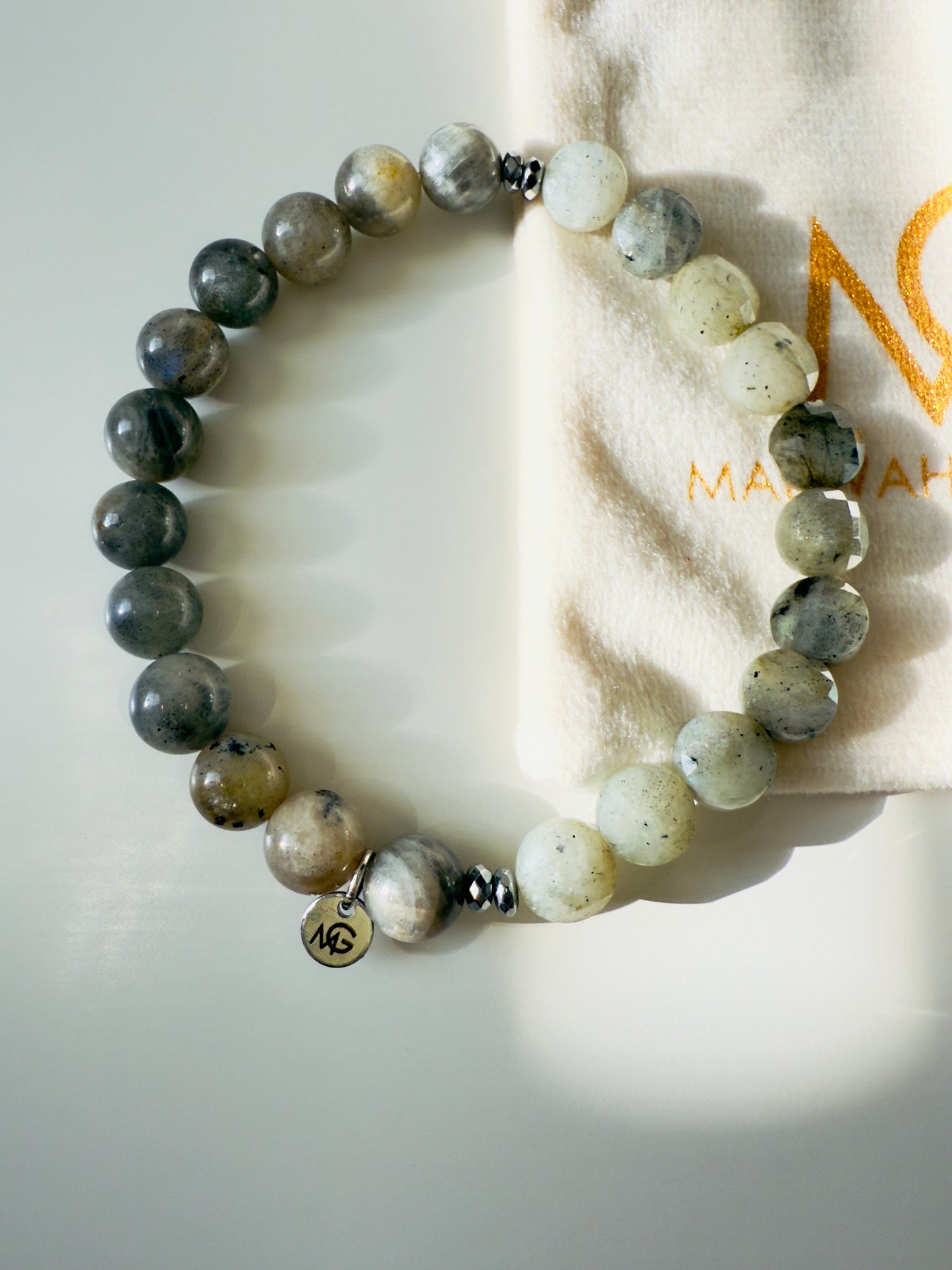 Unisex Round and Faceted Labradorite Bracelet With Hematite Spacer