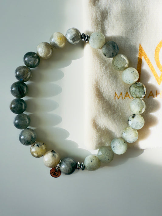 Unisex Round and Faceted Labradorite Bracelet With Hematite Spacer