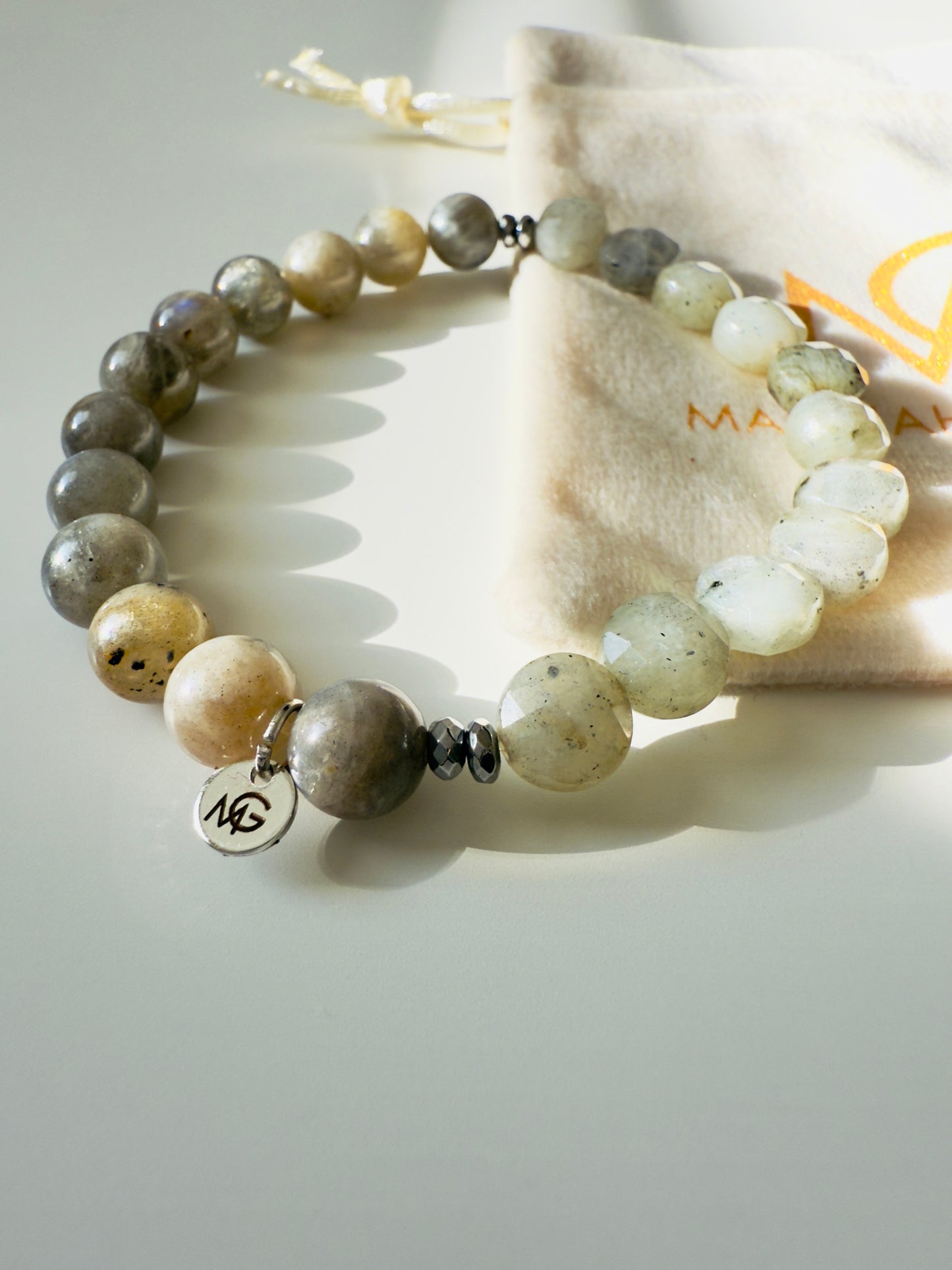 Unisex Round and Faceted Labradorite Bracelet With Hematite Spacer