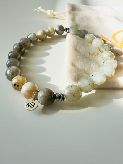 Unisex Round and Faceted Labradorite Bracelet With Hematite Spacer