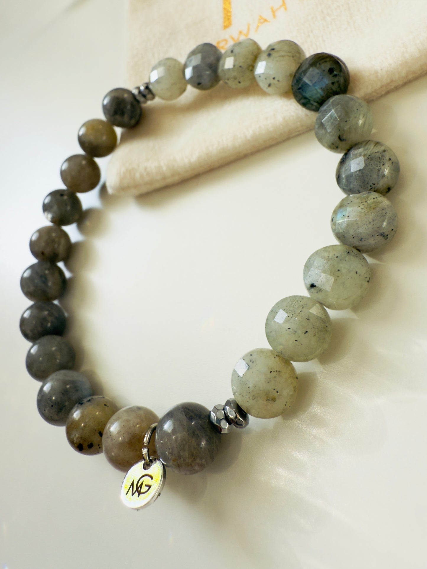 Unisex Round and Faceted Labradorite Bracelet With Hematite Spacer