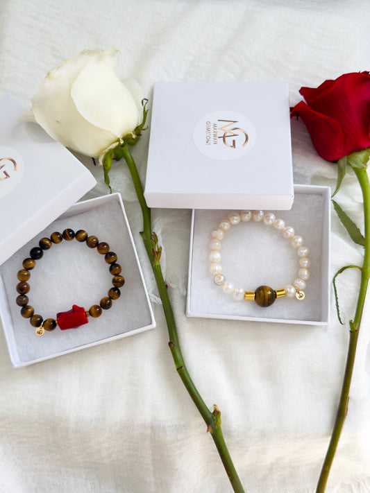 Tiger Eye - Natural Pearl - Natural Coral - Hematite Spacers Love Bracelet Set