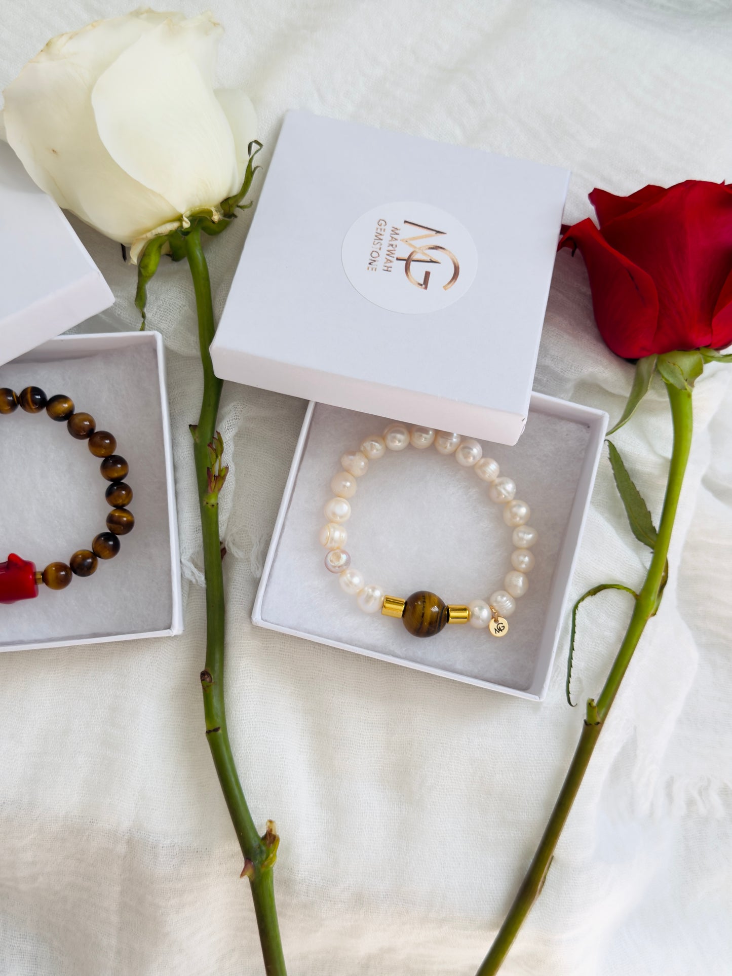 Tiger Eye - Natural Pearl - Natural Coral - Hematite Spacers Love Bracelet Set