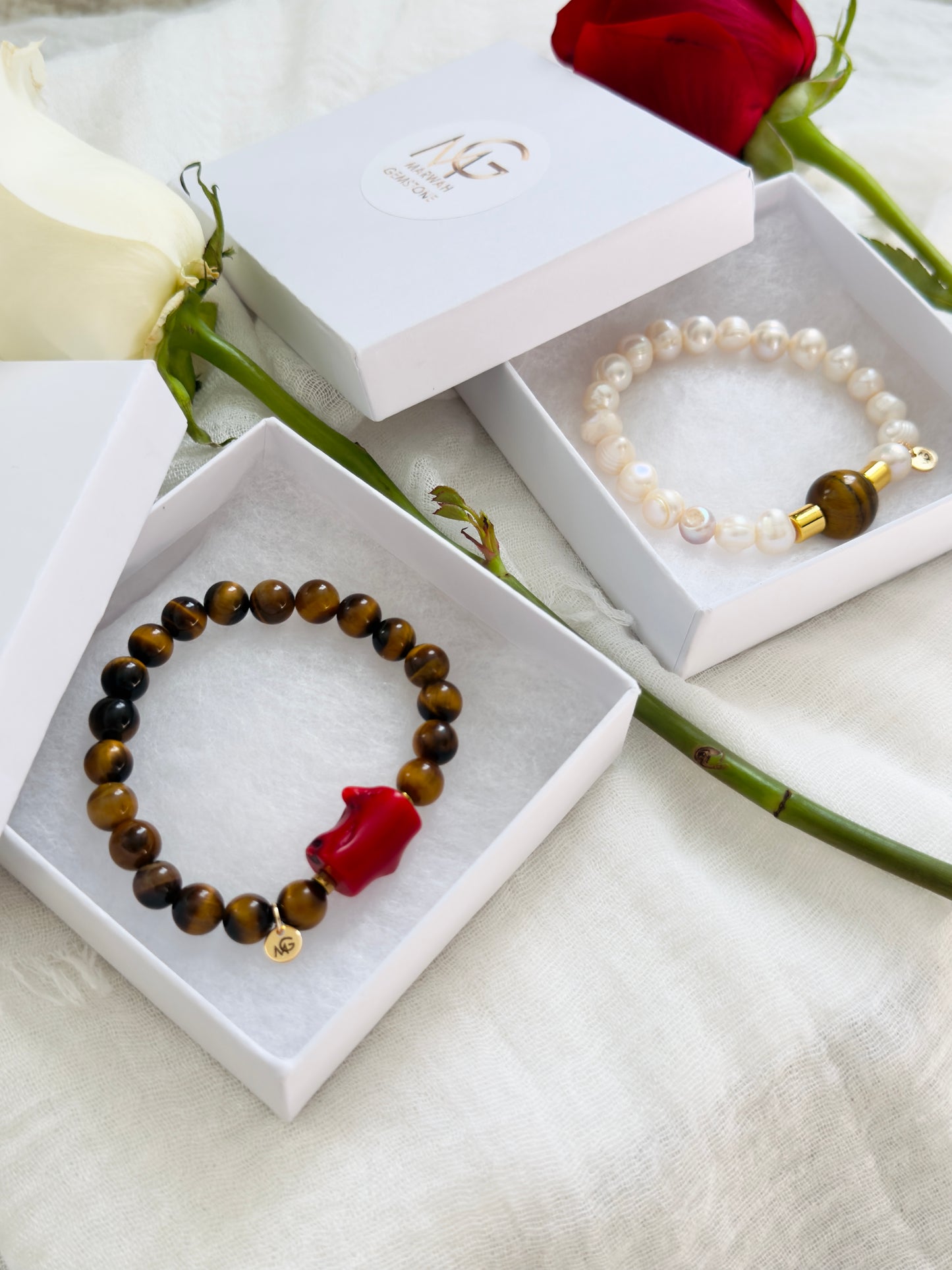 Tiger Eye - Natural Pearl - Natural Coral - Hematite Spacers Love Bracelet Set