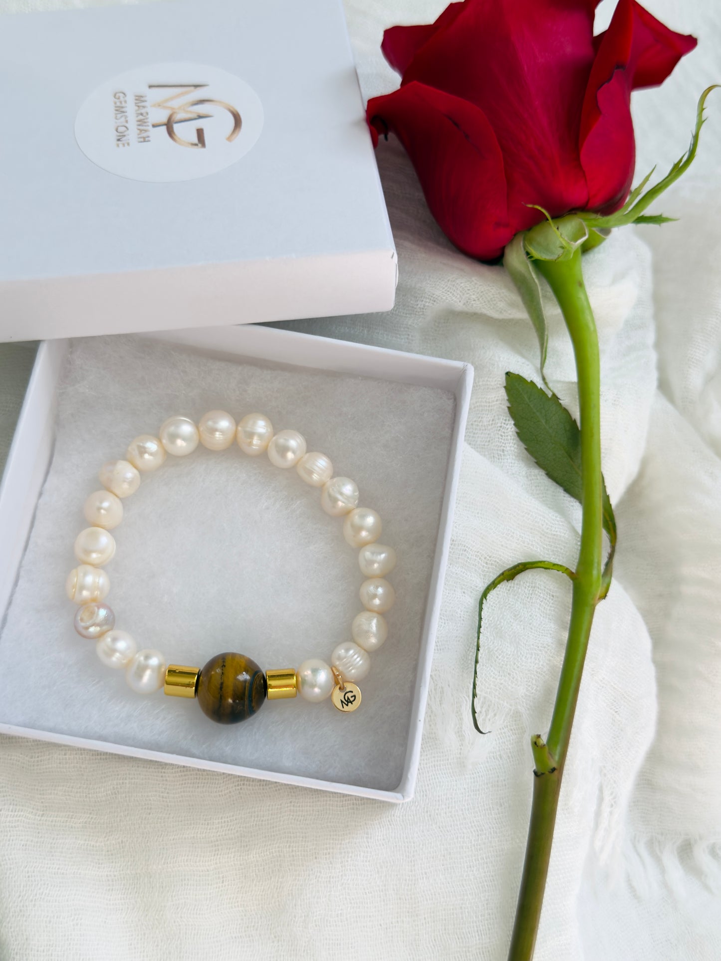 Tiger Eye - Natural Pearl - Natural Coral - Hematite Spacers Love Bracelet Set