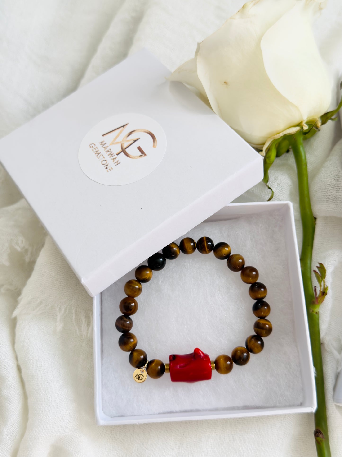 Tiger Eye - Natural Pearl - Natural Coral - Hematite Spacers Love Bracelet Set