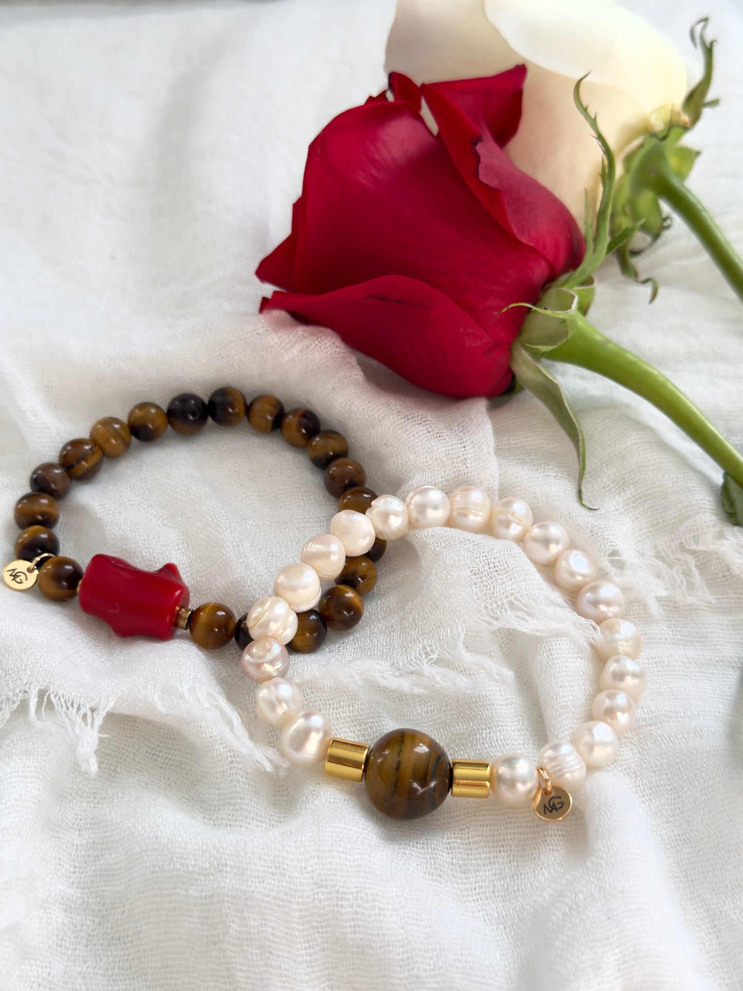 Tiger Eye - Natural Pearl - Natural Coral - Hematite Spacers Love Bracelet Set